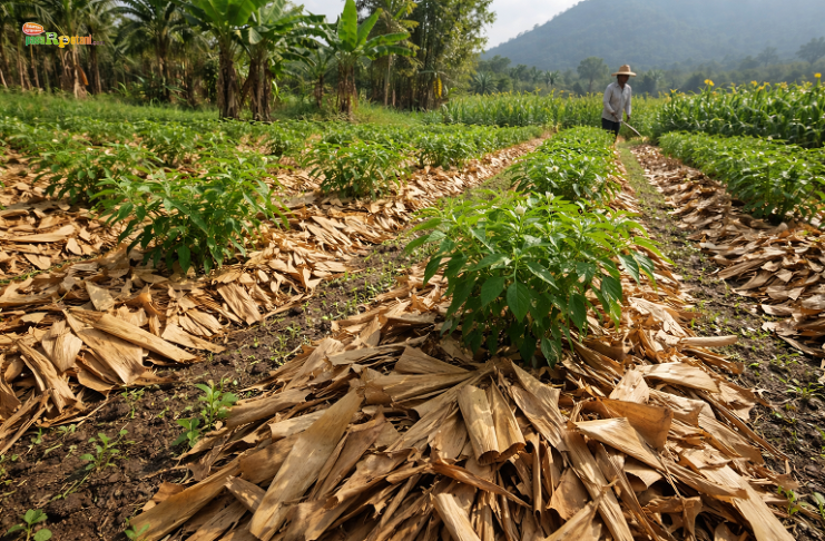 Mulsa dari Daun: Cara Sederhana Petani Menekan Biaya dan Menjaga Kesuburan Tanah Mulsa alami dari daun pisang